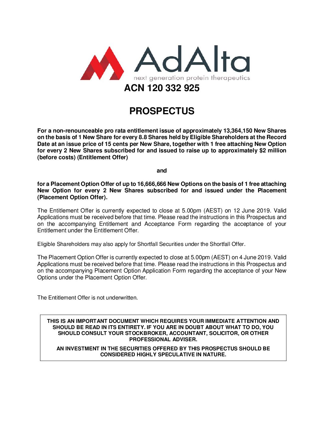 Prospectus - AdAlta - 23.05.19 - AdAlta - next generation cell and protein  therapeutics